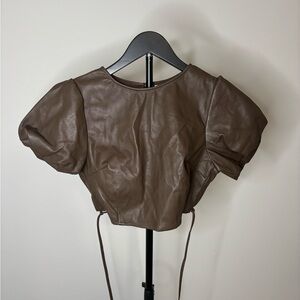 Brown Faux Leather Puff-Sleeve Crop Top with Side Ties